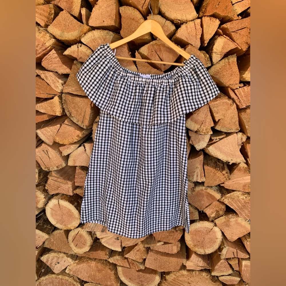 Black White Gingham Off Shoulder Tunic Dress Women Large